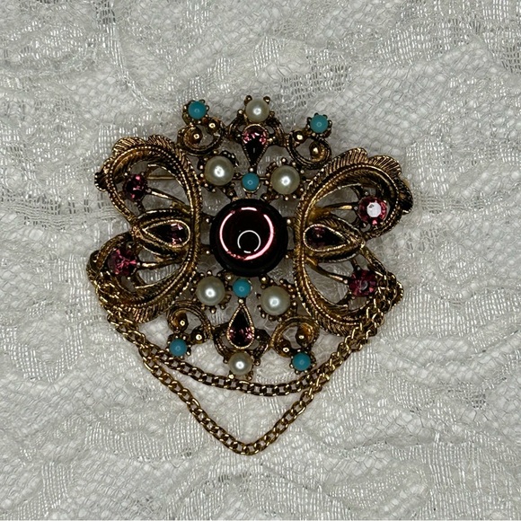 Vintage Florenza Brooch w Faux Pearls Amethyst Turquoise Stones Victorian